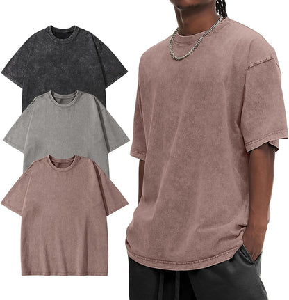 Eisctnd Men Oversized T-Shirts 3 Piece Unisex Vintage Shirt Solid Acid Wash Cotton Casual Hip Hop Tops