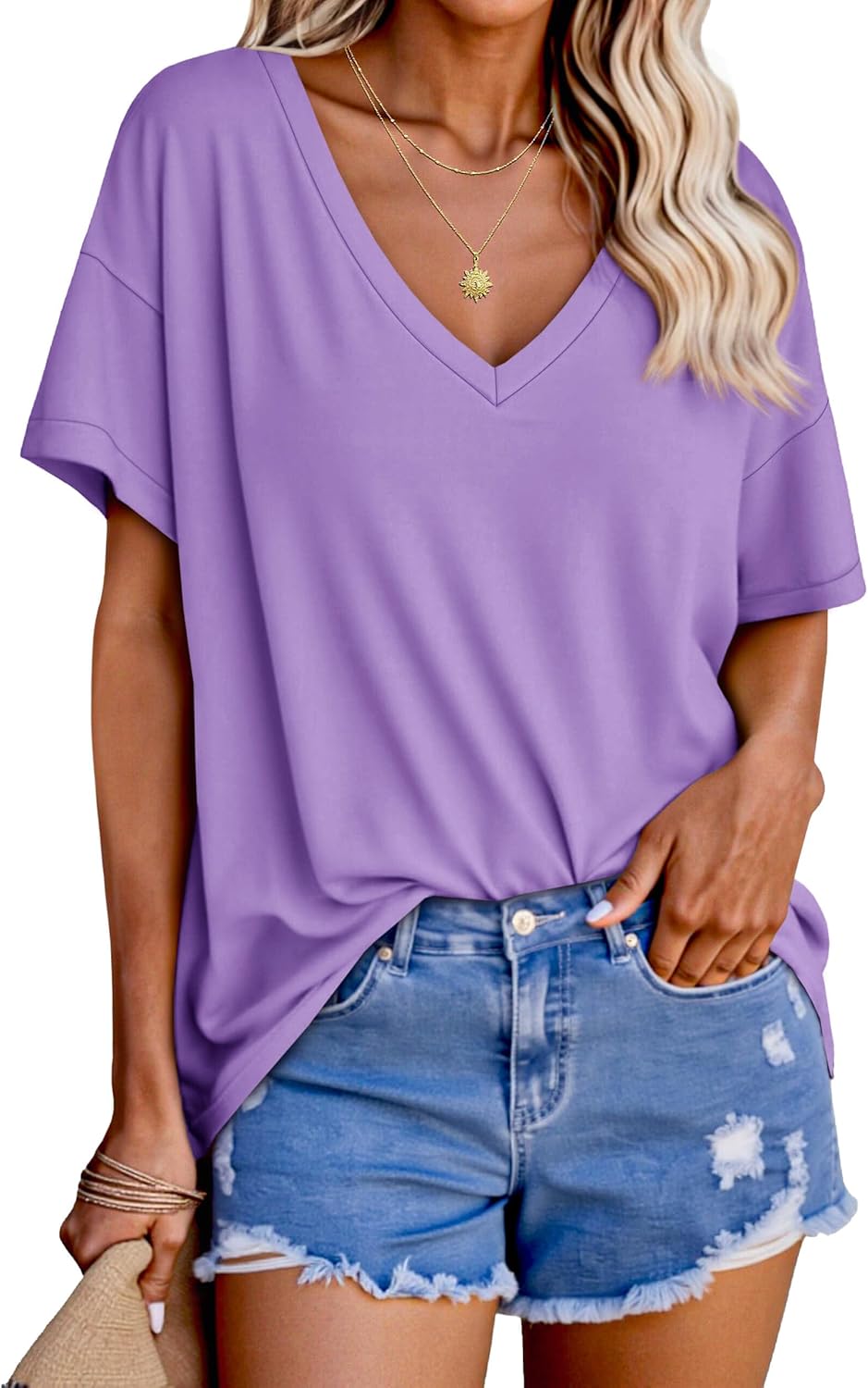 Tankaneo Womens Oversized Tshirts V Neck Short Sleeve Tops Summer Casual Loose Fit Tunic Tee Shirts