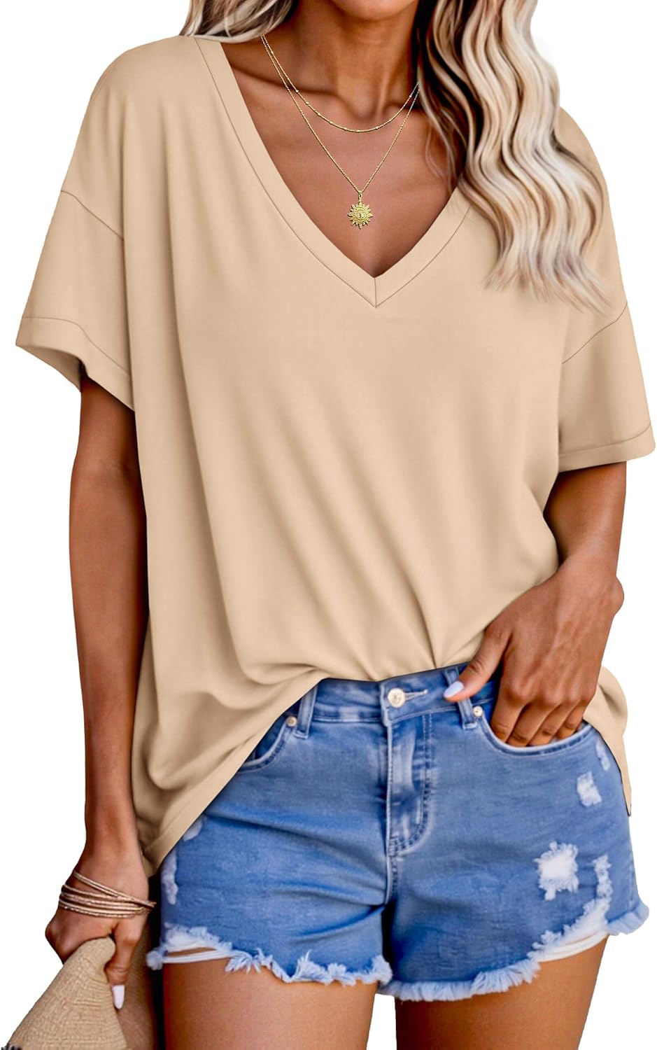 Tankaneo Womens Oversized Tshirts V Neck Short Sleeve Tops Summer Casual Loose Fit Tunic Tee Shirts