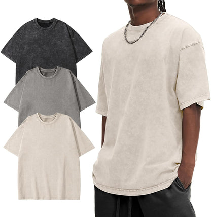 Eisctnd Men Oversized T-Shirts 3 Piece Unisex Vintage Shirt Solid Acid Wash Cotton Casual Hip Hop Tops