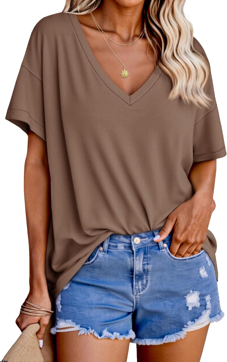 Tankaneo Womens Oversized Tshirts V Neck Short Sleeve Tops Summer Casual Loose Fit Tunic Tee Shirts