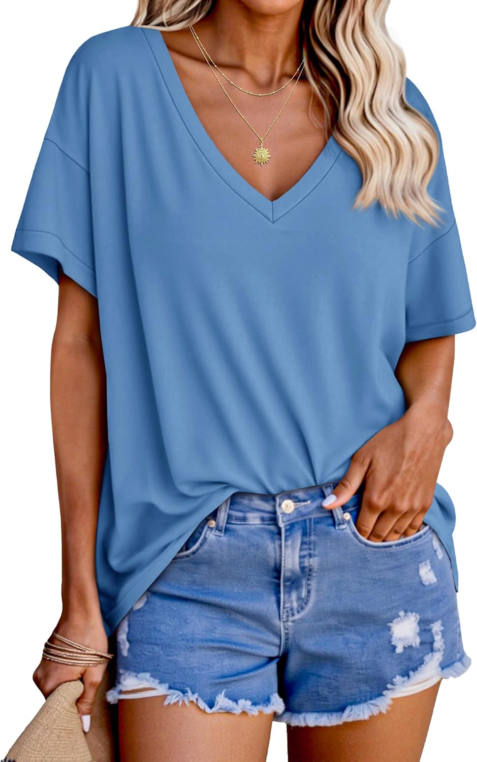 Tankaneo Womens Oversized Tshirts V Neck Short Sleeve Tops Summer Casual Loose Fit Tunic Tee Shirts