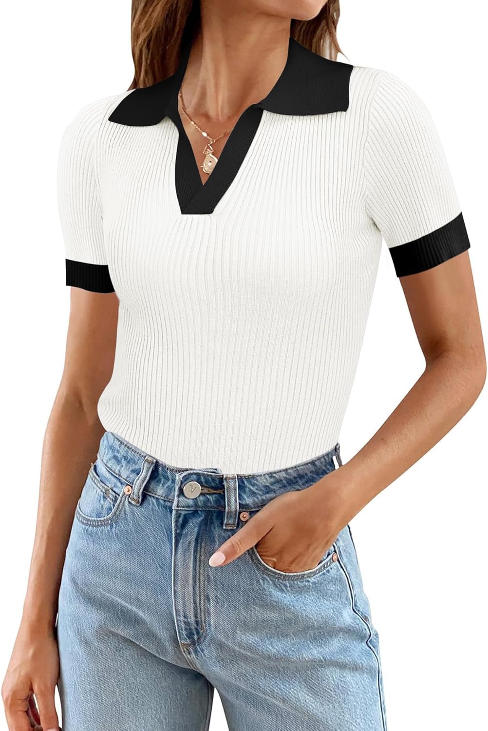 Ivicoer Womens V Neck Sweaters Dressy Casual Short Sleeve Sweater Slim Fit Lightweight Knit Tops