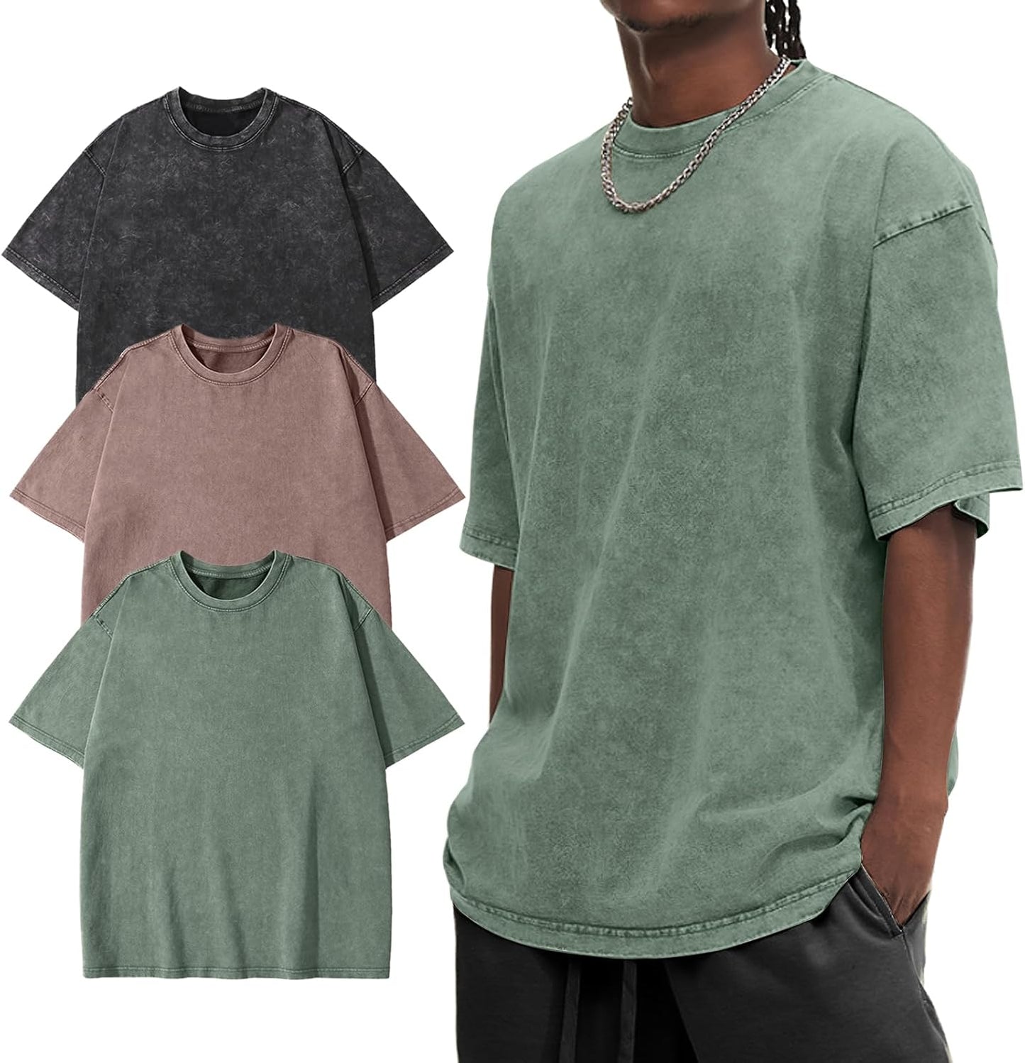 Eisctnd Men Oversized T-Shirts 3 Piece Unisex Vintage Shirt Solid Acid Wash Cotton Casual Hip Hop Tops