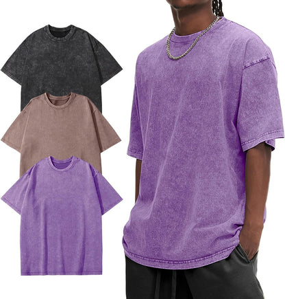 Eisctnd Men Oversized T-Shirts 3 Piece Unisex Vintage Shirt Solid Acid Wash Cotton Casual Hip Hop Tops
