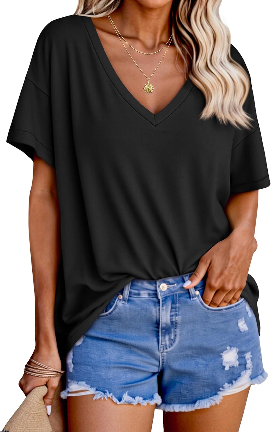 Tankaneo Womens Oversized Tshirts V Neck Short Sleeve Tops Summer Casual Loose Fit Tunic Tee Shirts