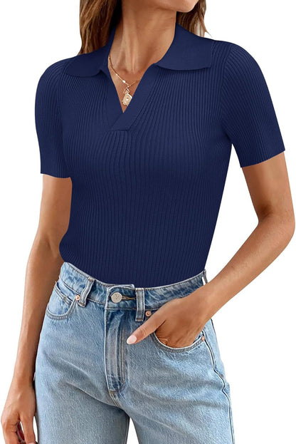 Ivicoer Womens V Neck Sweaters Dressy Casual Short Sleeve Sweater Slim Fit Lightweight Knit Tops