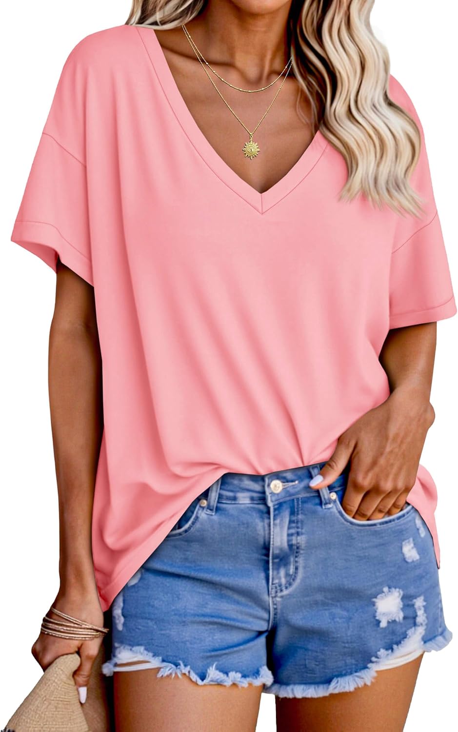 Tankaneo Womens Oversized Tshirts V Neck Short Sleeve Tops Summer Casual Loose Fit Tunic Tee Shirts