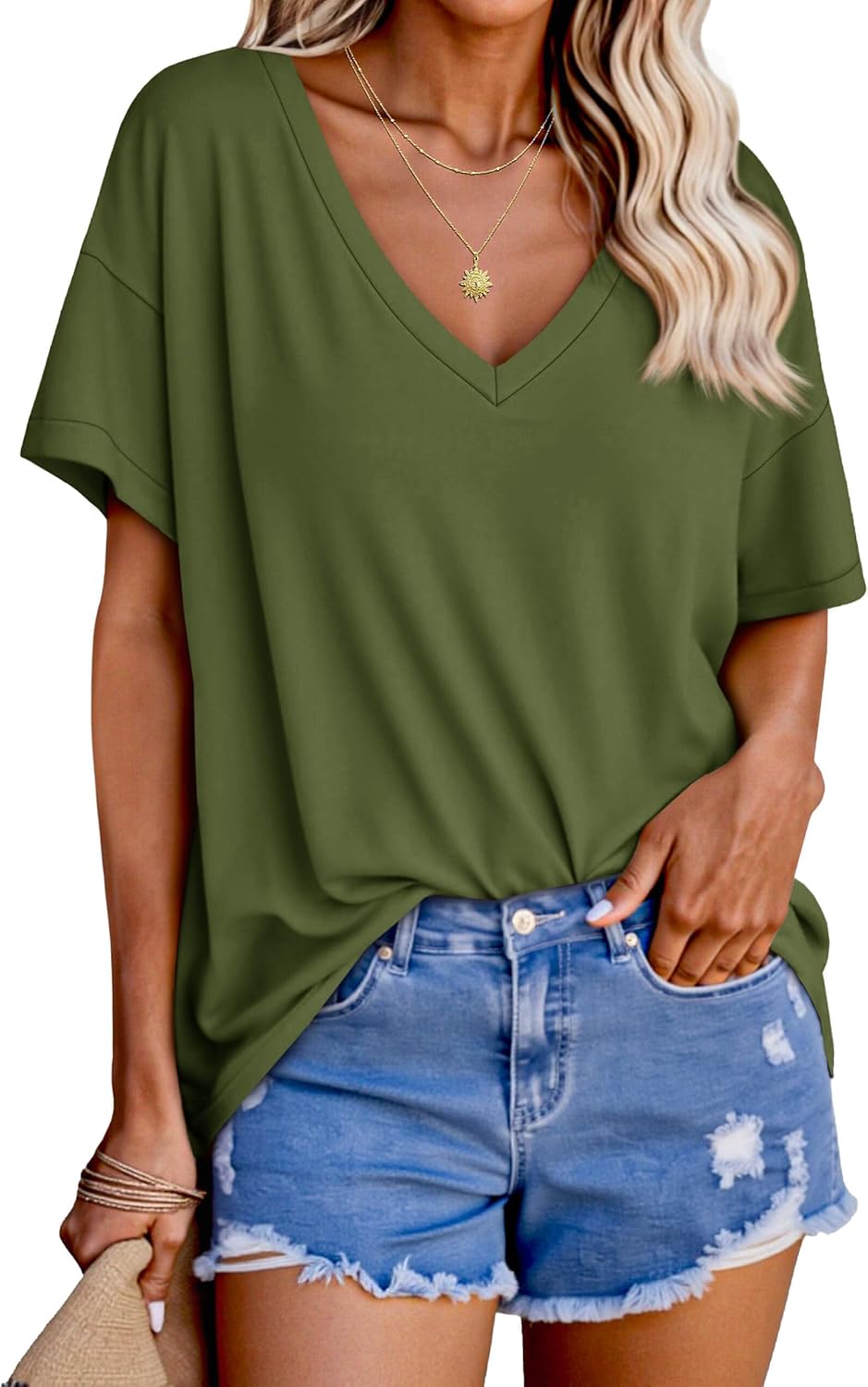 Tankaneo Womens Oversized Tshirts V Neck Short Sleeve Tops Summer Casual Loose Fit Tunic Tee Shirts