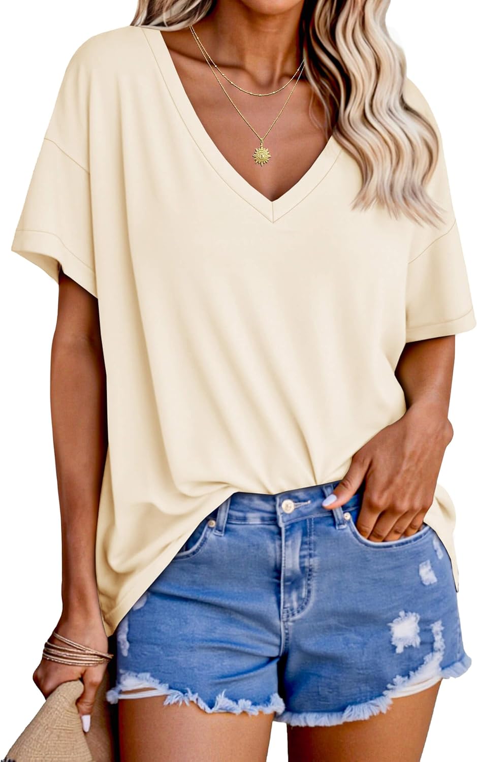 Tankaneo Womens Oversized Tshirts V Neck Short Sleeve Tops Summer Casual Loose Fit Tunic Tee Shirts