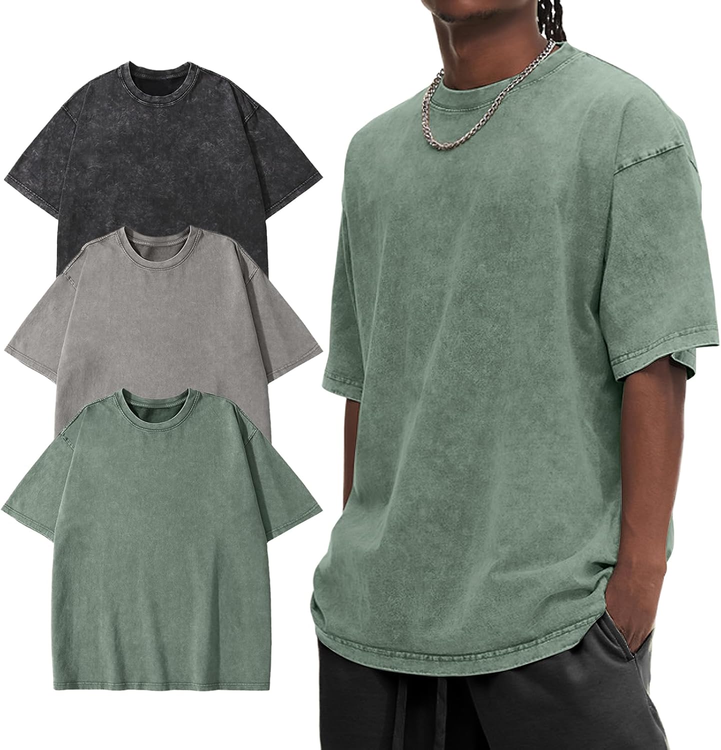 Eisctnd Men Oversized T-Shirts 3 Piece Unisex Vintage Shirt Solid Acid Wash Cotton Casual Hip Hop Tops