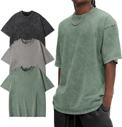 Eisctnd Men Oversized T-Shirts 3 Piece Unisex Vintage Shirt Solid Acid Wash Cotton Casual Hip Hop Tops