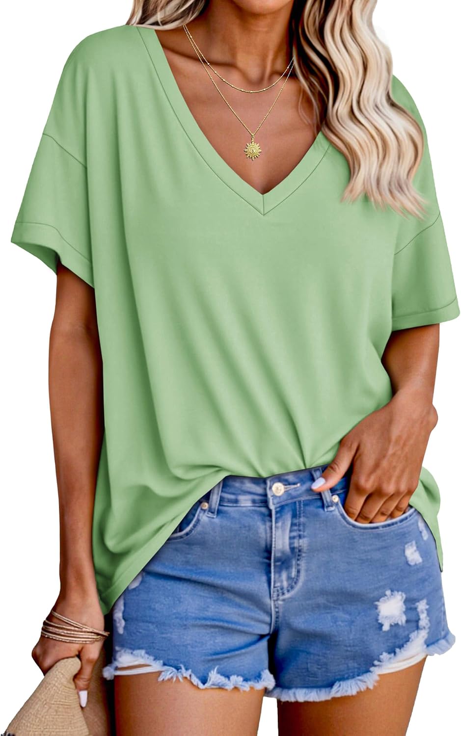 Tankaneo Womens Oversized Tshirts V Neck Short Sleeve Tops Summer Casual Loose Fit Tunic Tee Shirts