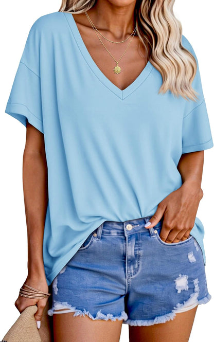 Tankaneo Womens Oversized Tshirts V Neck Short Sleeve Tops Summer Casual Loose Fit Tunic Tee Shirts
