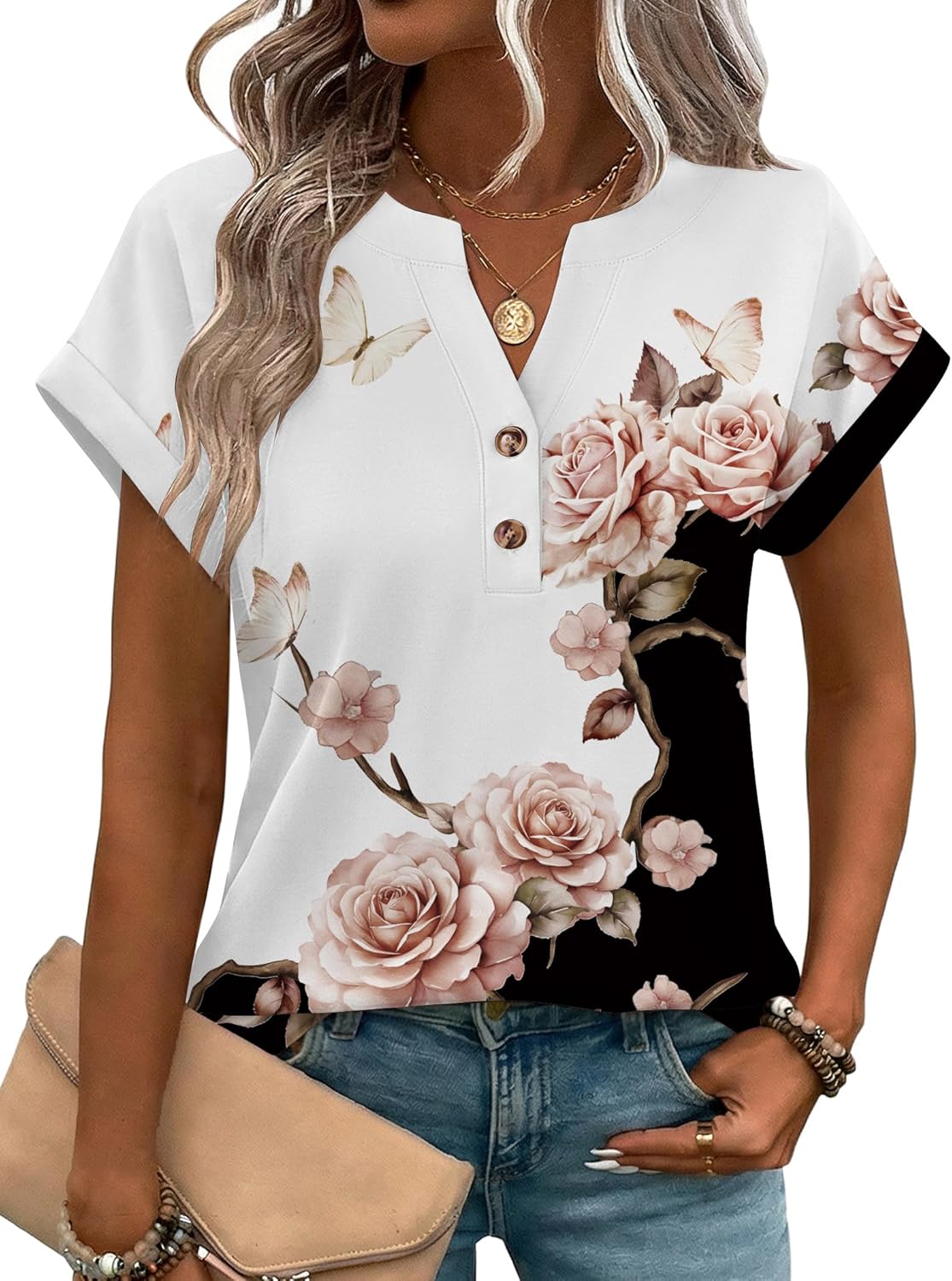 Zeagoo Women Tops Summer Short Sleeve T Shirts V Neck Dressy Casual Work Blouses Fashion Boho Clothes S-3XL
