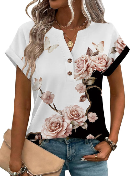 Zeagoo Women Tops Summer Short Sleeve T Shirts V Neck Dressy Casual Work Blouses Fashion Boho Clothes S-3XL
