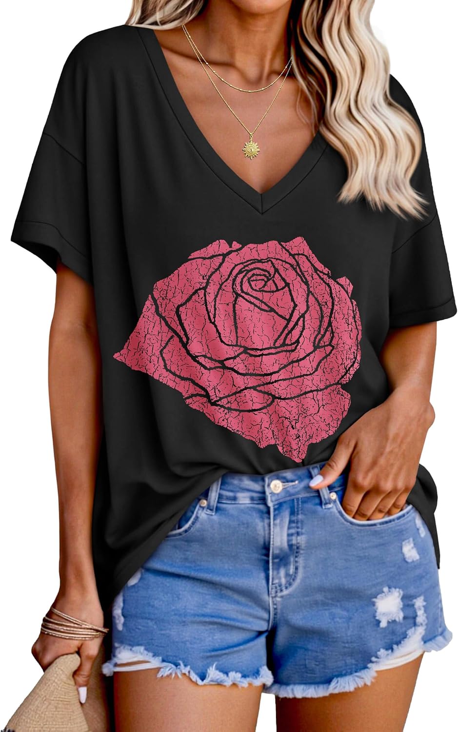 Tankaneo Womens Oversized Tshirts V Neck Short Sleeve Tops Summer Casual Loose Fit Tunic Tee Shirts