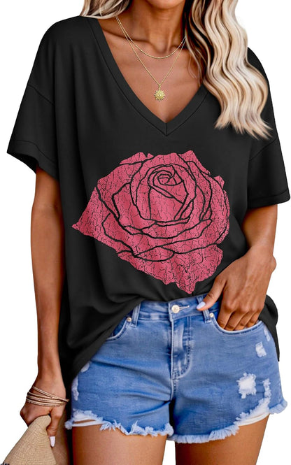 Tankaneo Womens Oversized Tshirts V Neck Short Sleeve Tops Summer Casual Loose Fit Tunic Tee Shirts