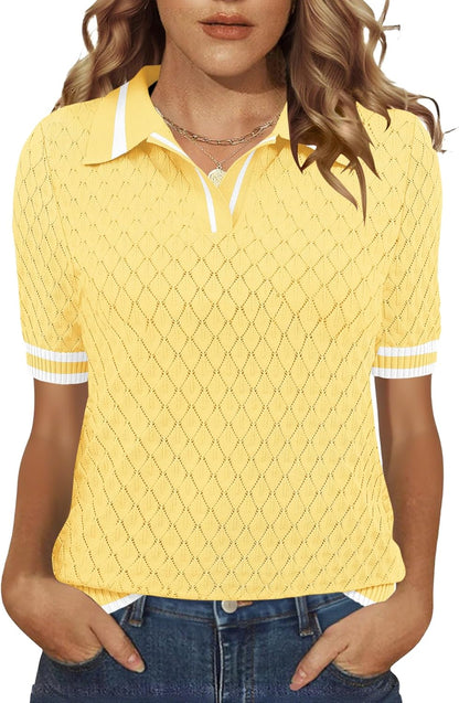 Rapbin Womens Short Sleeve Knit Polo Shirt Summer Spring Lightweight Sweater Top Business Casual