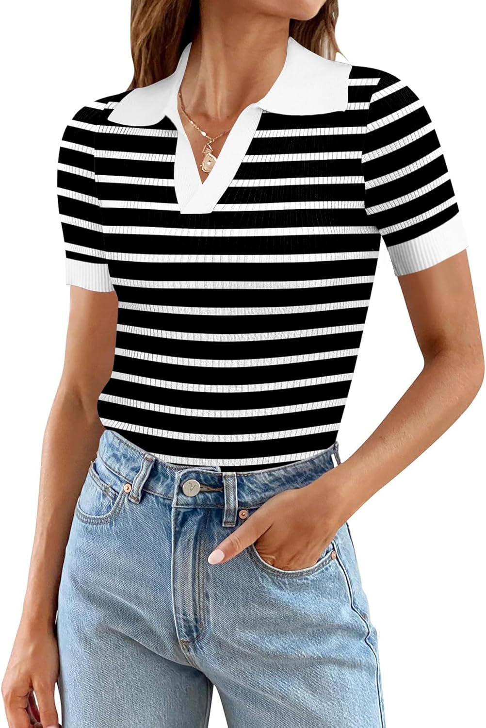 Ivicoer Womens V Neck Sweaters Dressy Casual Short Sleeve Sweater Slim Fit Lightweight Knit Tops