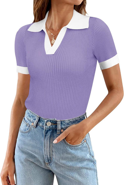Ivicoer Womens V Neck Sweaters Dressy Casual Short Sleeve Sweater Slim Fit Lightweight Knit Tops