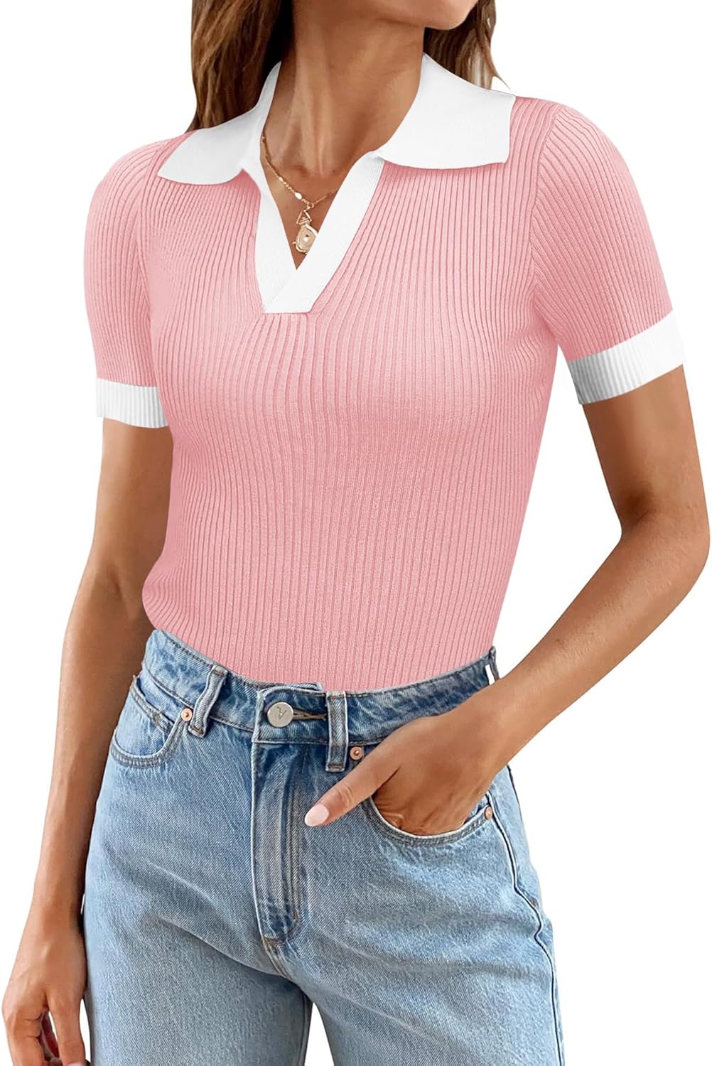 Ivicoer Womens V Neck Sweaters Dressy Casual Short Sleeve Sweater Slim Fit Lightweight Knit Tops